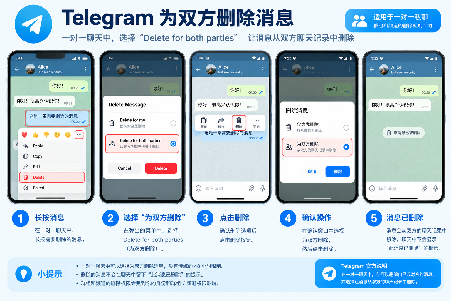 Telegram为双方删除消息