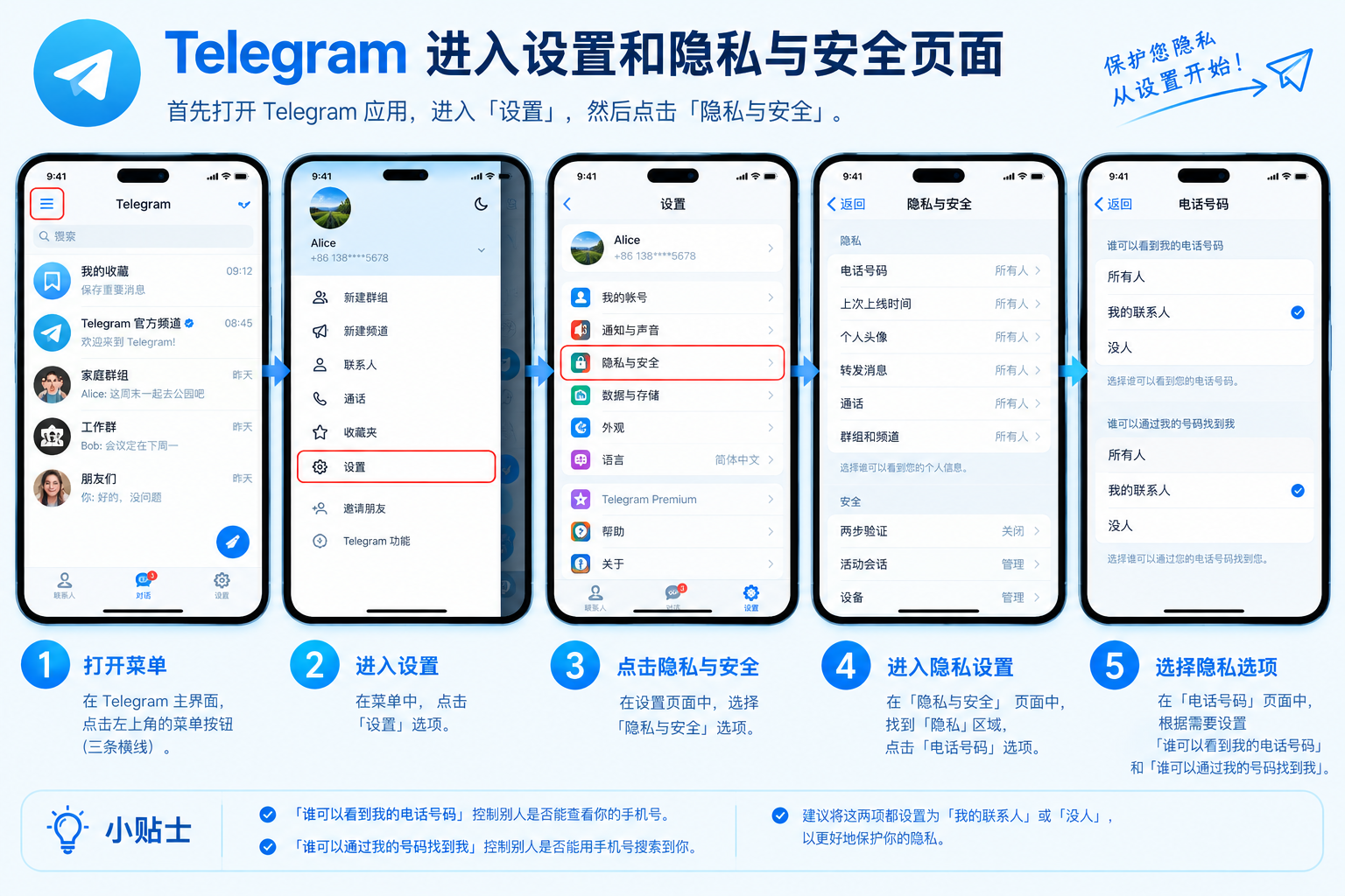 Telegram进入设置和隐私与安全页面